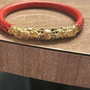 Vintage Chinese carved Cinnabar Double Dragon Head Bangle bracelet